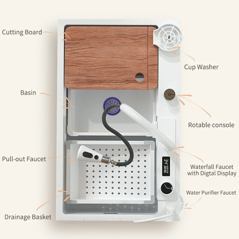 Weiße Küchen spüle Edelstahl moderne große Single Slot Schüssel Waschbecken Wasserfall Wasserhahn mit Digtal Display für zu Hause