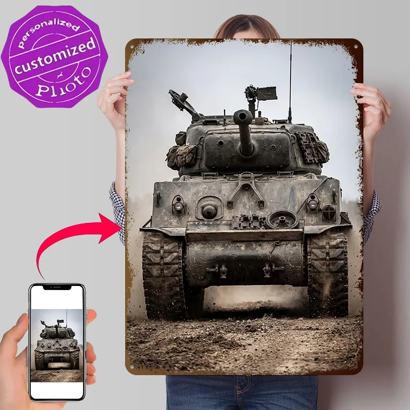 Front View of Military Tank 3D Printed Texture Poster Personalized Wall Art Retro Metal Tin Signs for Article Decoration Gaming