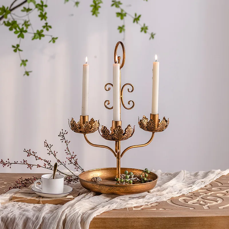 Botanical Taper Candleholders 3-Armed with Handle and Small Round Tray Base Brass Finish Home Decoration