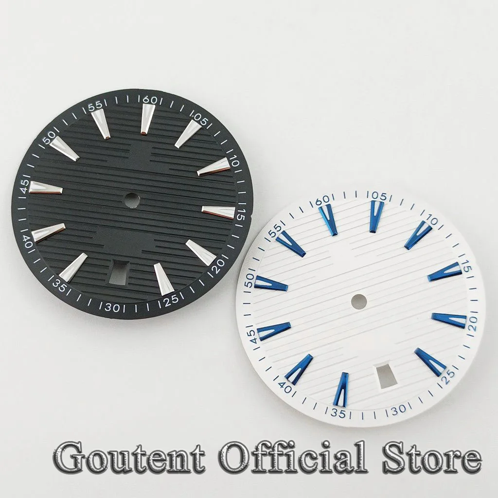 Goutent 33.3mm Black White Blue​ Fit NH35 Automatic Movement Green Luminous 6 o\'clock Crown Date Window