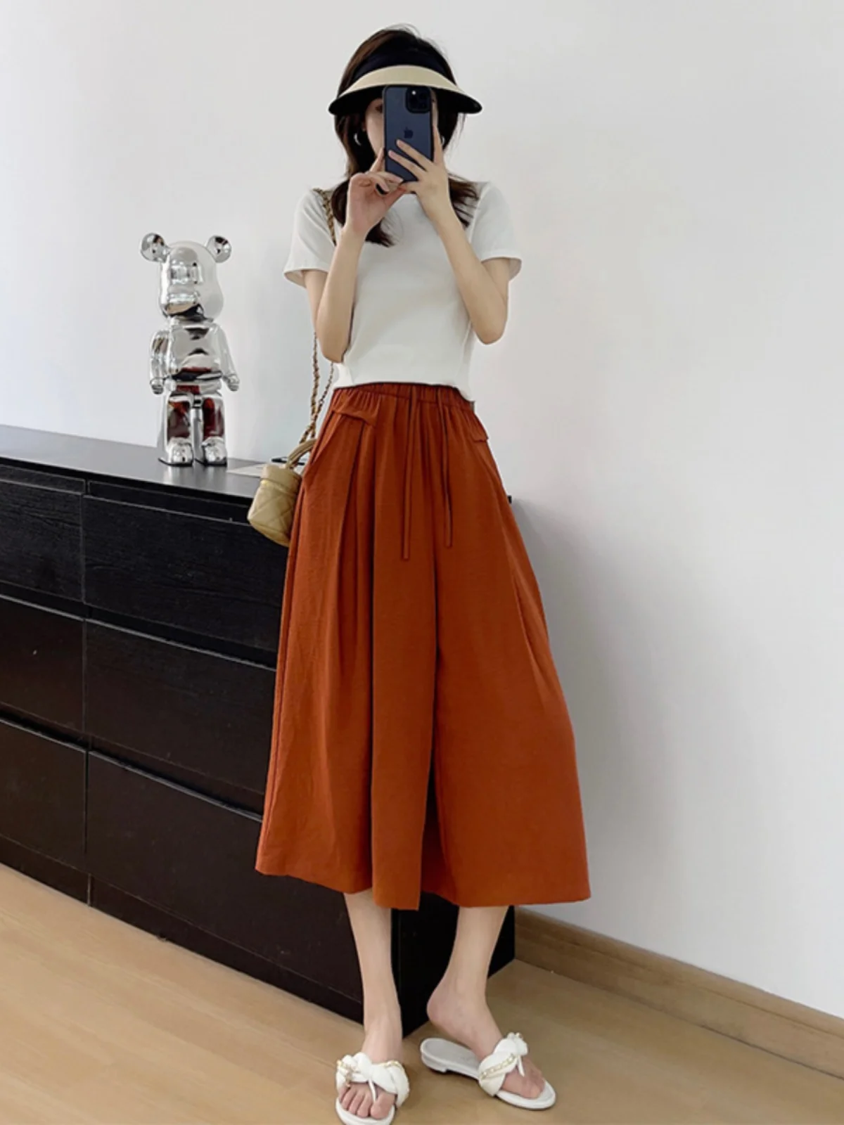 Falda drapeada de cintura alta de seda de hielo naranja, pantalones de verano finos, sueltos, textura informal, pantalones de pierna ancha de siete cuartos, Faion para mujer