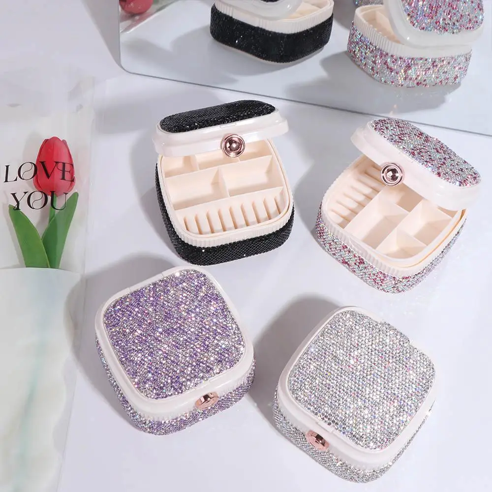 

Sparkling Rhinestone Jewelry Box with Mirror Creative Portable Jewelry Organizer Exquisite Luxury Ring Storage Makeup Box