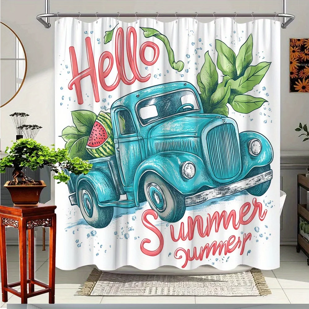 

Summer Truck Shower Curtain Bathroom Decor Polyester Fabric with Watermelon Leaves Pattern Includes 12 Hooks 70.8x70.8 Inches