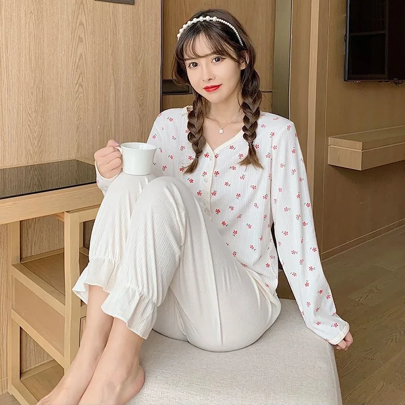 

Large Size Korean Sweet Pajamas Set Women's Spring and Autumn Cotton Long-sleeved Trousers Sleepwear Small Floral Loungewear