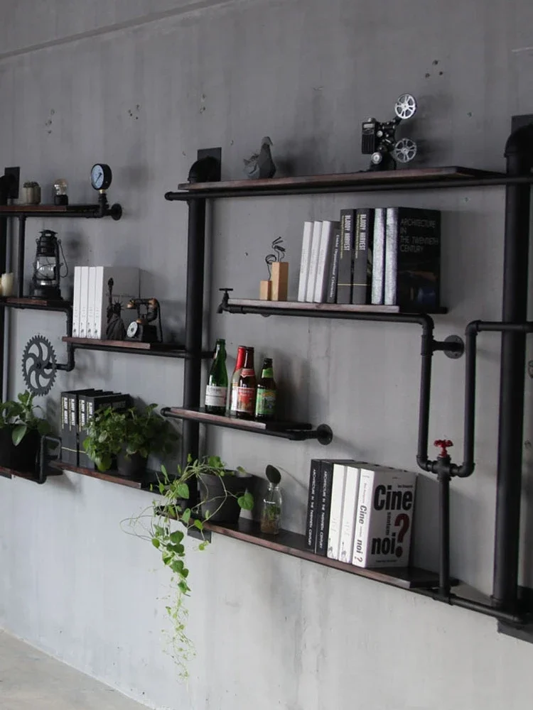 Retro wrought iron water pipe wall shelf living room wall hanging solid wood shelf industrial wind display shelf wall bookshelf