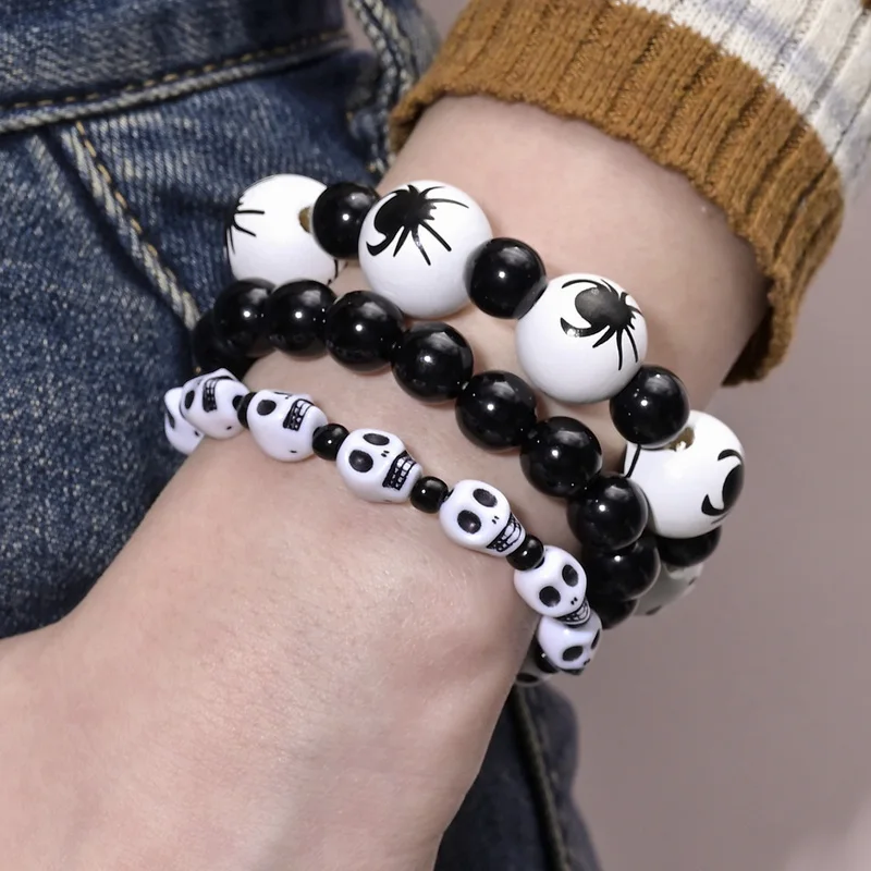 New Gothic Halloween Skull Pumpkin Spider Beads Bracelet for Women Jewelry Charm Handmade Woven Acrylic Beaded Adjustable Chain