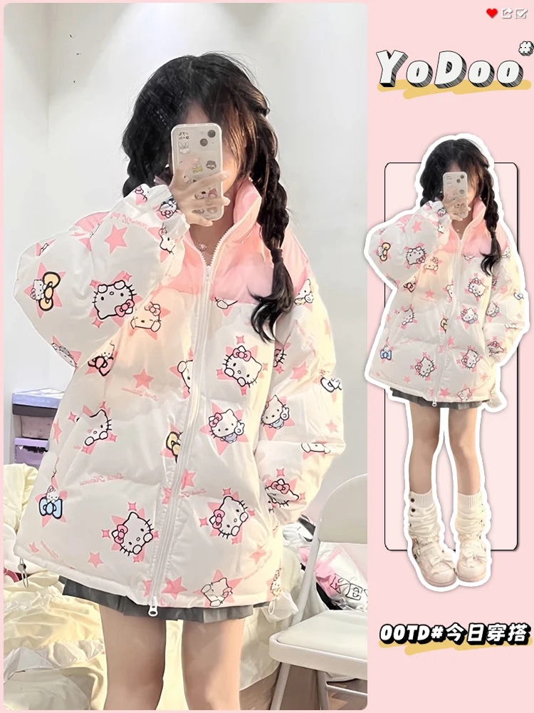 Hello Kitty Woman's Cotton-Padded Jacket Cute Full Print Color Blocked Coat Y2K Winter Jacket Bread Clothes Loose Cotton Clothes