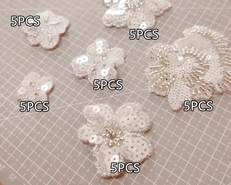 30Pcs = 1Set.Silver Beaded Sequin Flowers Patch for Children's Dress and Wedding Dress,Sewing Applique, 6 Designs, High Quality