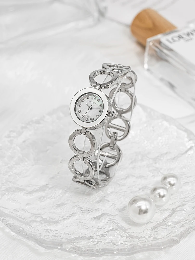 

Watches And Accessories Stylish Silver Round Bracelet Watch With Mother-Of-Pearl Dial Women'S Quartz Watch Design, Women'S Gift.