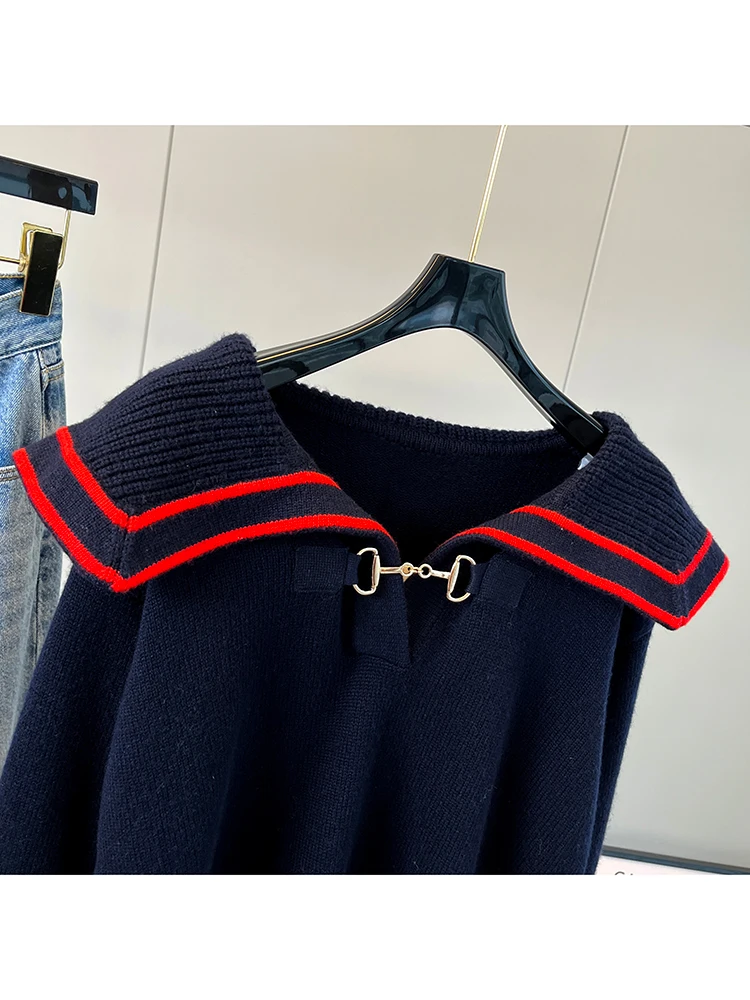 High Quality New Wool Knitted Sweaters 2023 Autumn Winter Dark Blue Jumpers Ladies Turn-down Collar Striped Color Block Pullover