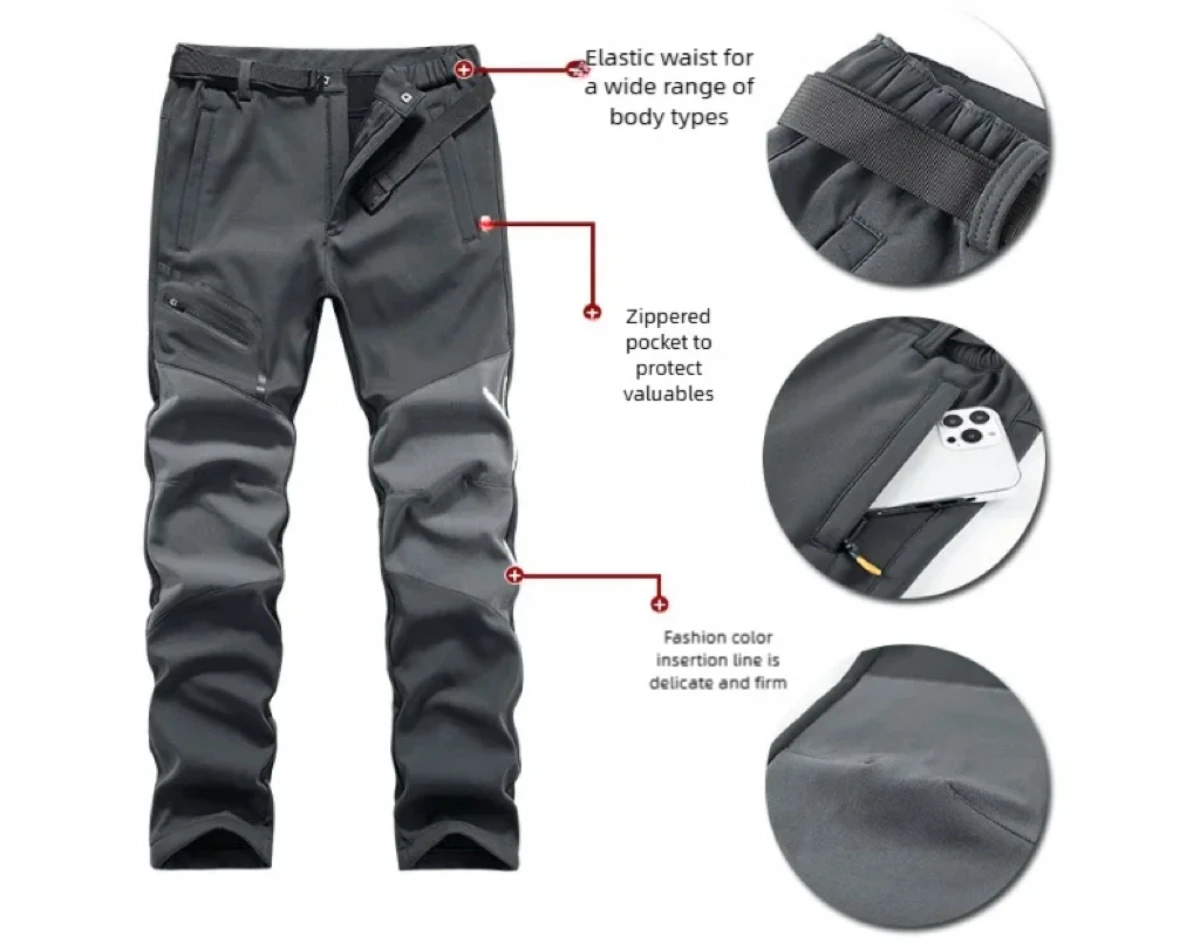 Outdoor Hiking Pants for Men Waterproof and Windproof Winter Trekking Pants with Fleece Lined Velvet locked thermal hiking pants