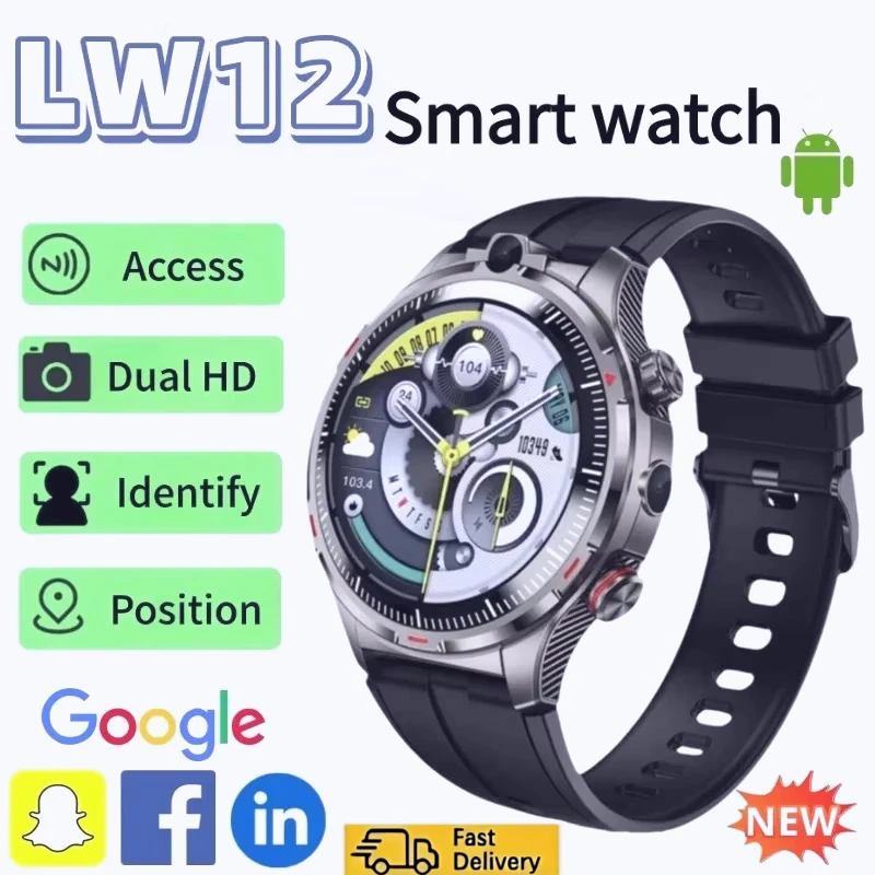 New LW12 4G Smart Watch 1.43 Inch 466x466 HD Screen Android 9.0 Dual Camera SIM Card GPS WiFi App Download for Men Women Adults