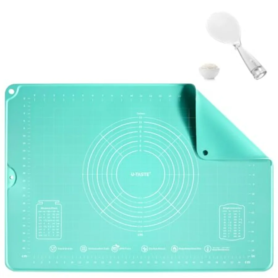 

28"x20" Large Food-Grade Liquid Silicone Pastry Mat (Aqua Sky) and 329°F Heat Resistant Rice Spoon Paddle Scooper (Transparent)
