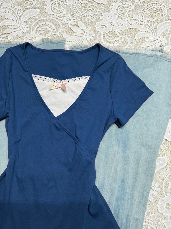 Original bleu v-ne ort Sve T-irt femme été couleur Blo Design beau petit haut mélange de coton Faionable