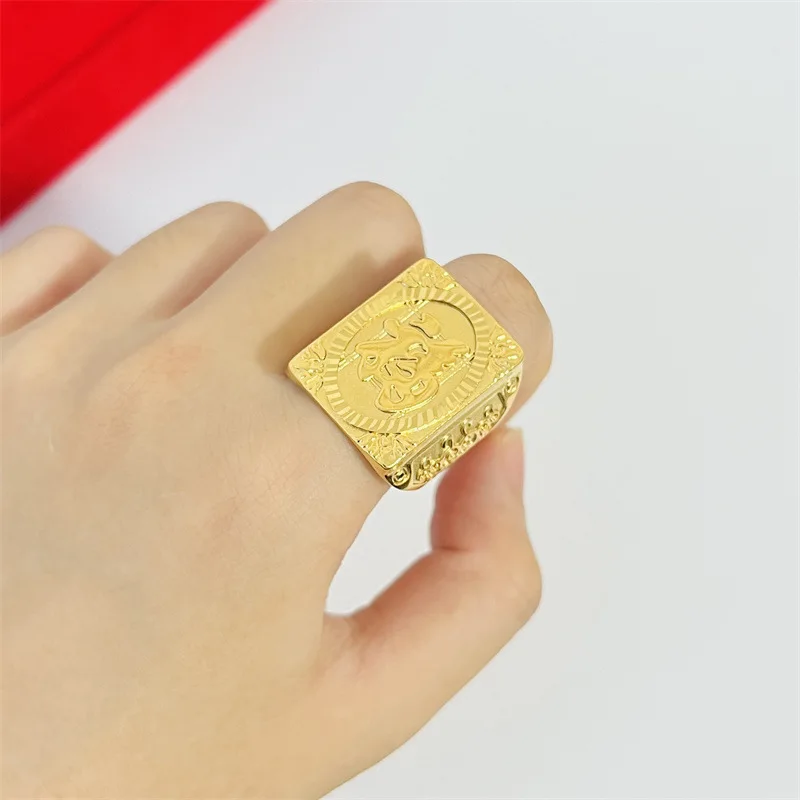 Men casual oriental style matching dafu adjustable gold ring made of AU999 24K pure gold, bold dafu character retro golden