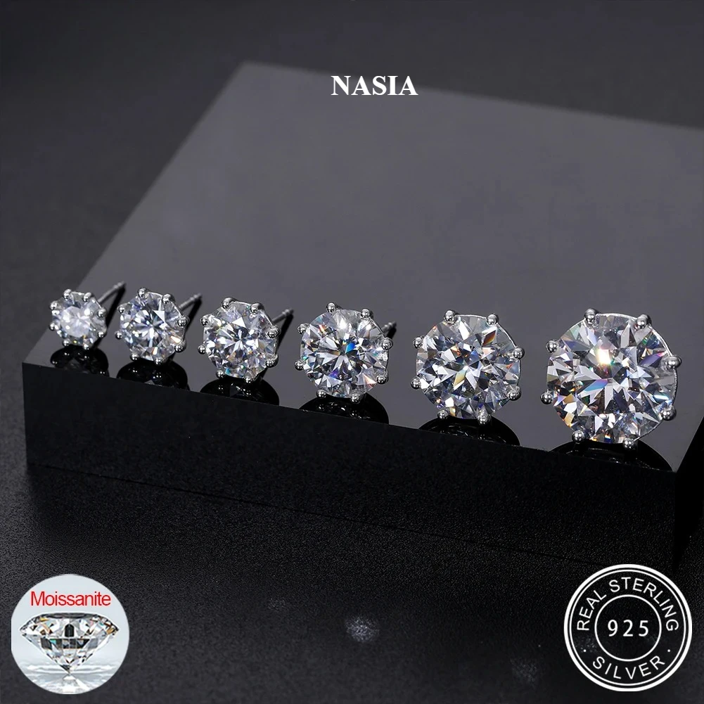 NASIA 3-15mm Moissanite Diamond Stud Earrings for Women Men Luxury 100% 925 Sterling Silver Sparkling Wedding Jewelry 2026