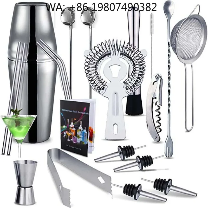 21Pcs Professional Stainless Steel Bartender Kit Complete Cocktail Bar Mixing Accessories For Commercial Hotel Restaurant Bar Su