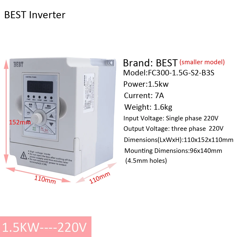 

BEST VFD Inverter 1.5kw 220V Variable Frequency Drive Spindle Motor Speed Control FC300-1.5G-S2-B3C for CNC Router Machine Tool