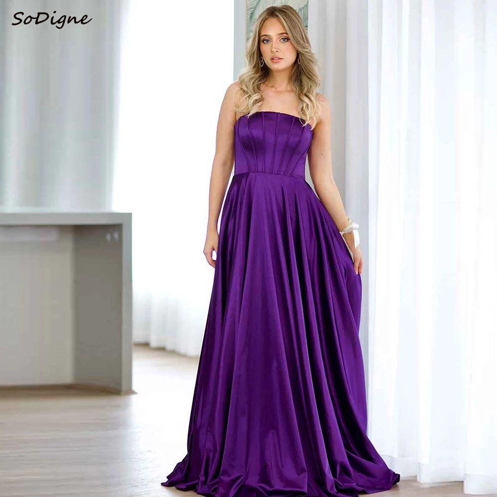 

SoDigne Elegant A-line Bridesmaid Dresses Strapless Sleeveless Satin Prom Gowns for Women Long Wedding Gust Dress Customized