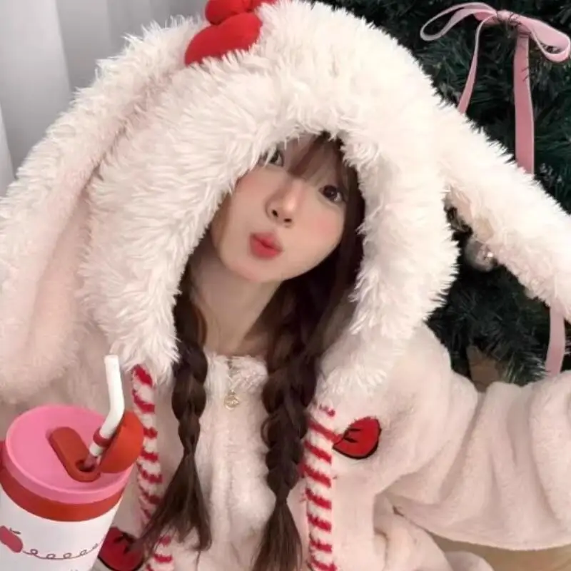 Cute Rabbit One-Piece Fleece Pajamas Women's Winter Thickened Fleece-Lined Red Bow Homewear Fashionable Girls' Winter Robe