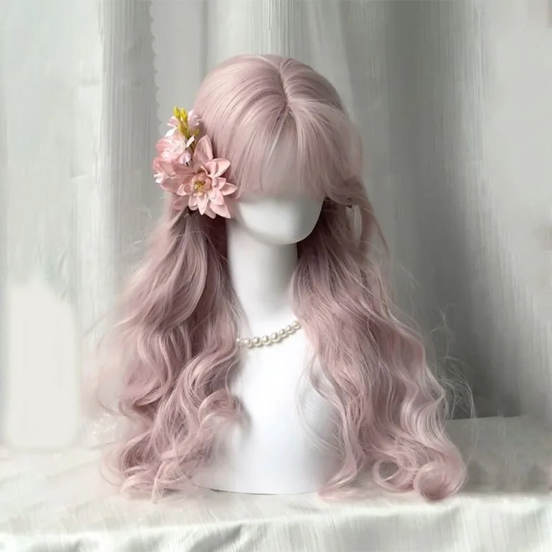 Roze pruik, lang haar, gesimuleerd hoofd van kunsthaar, anime-spelaccessoires, cosplay, volledig hoofddeksel, krullend haar, fotoshow rekwisieten