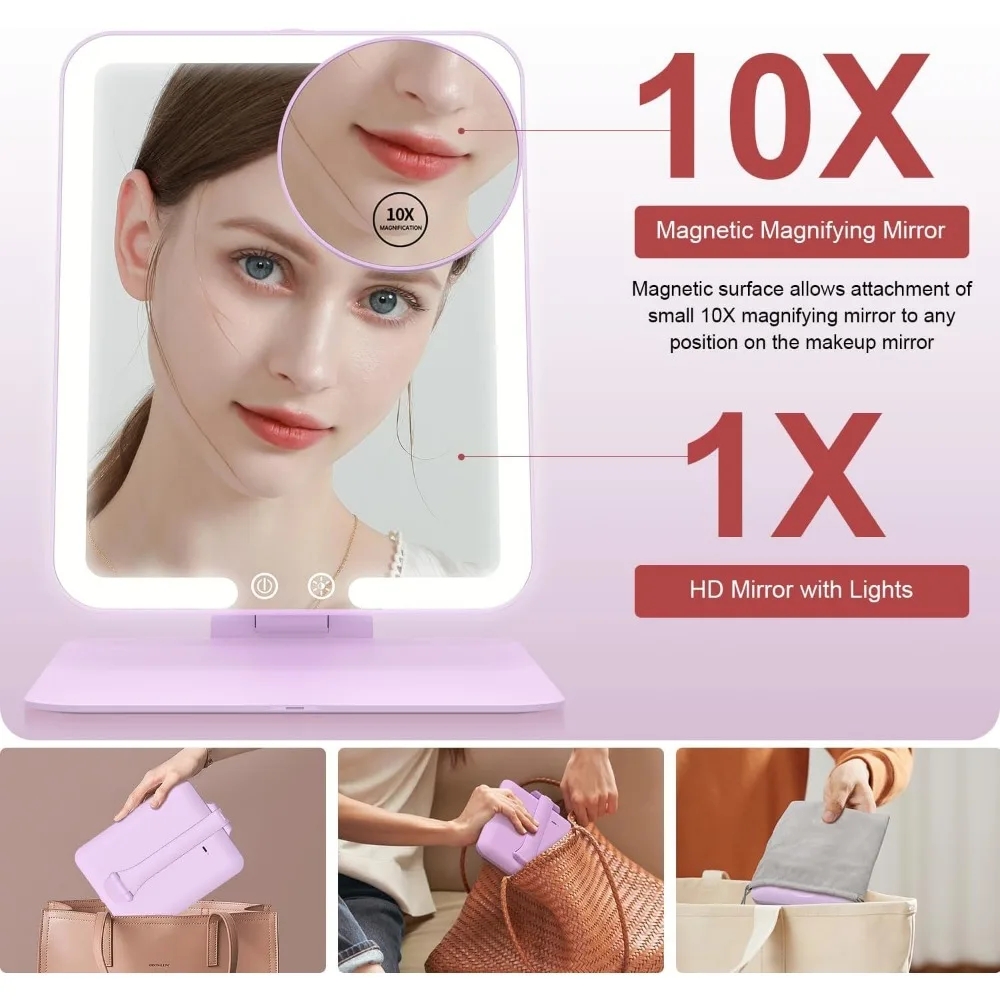 مرآة مكياج LED محمولة مع تكبير 10 مرات، وحامل قابل للتعديل، وبطارية قابلة لإعادة الشحن - أرجواني #5