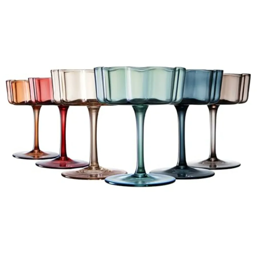 

Vintage Wavy Glass Coupes for Cocktail Serving and Champagne Toasting Set of 6 in Muted Colors 7oz Ripple Design Ideal for Eleg