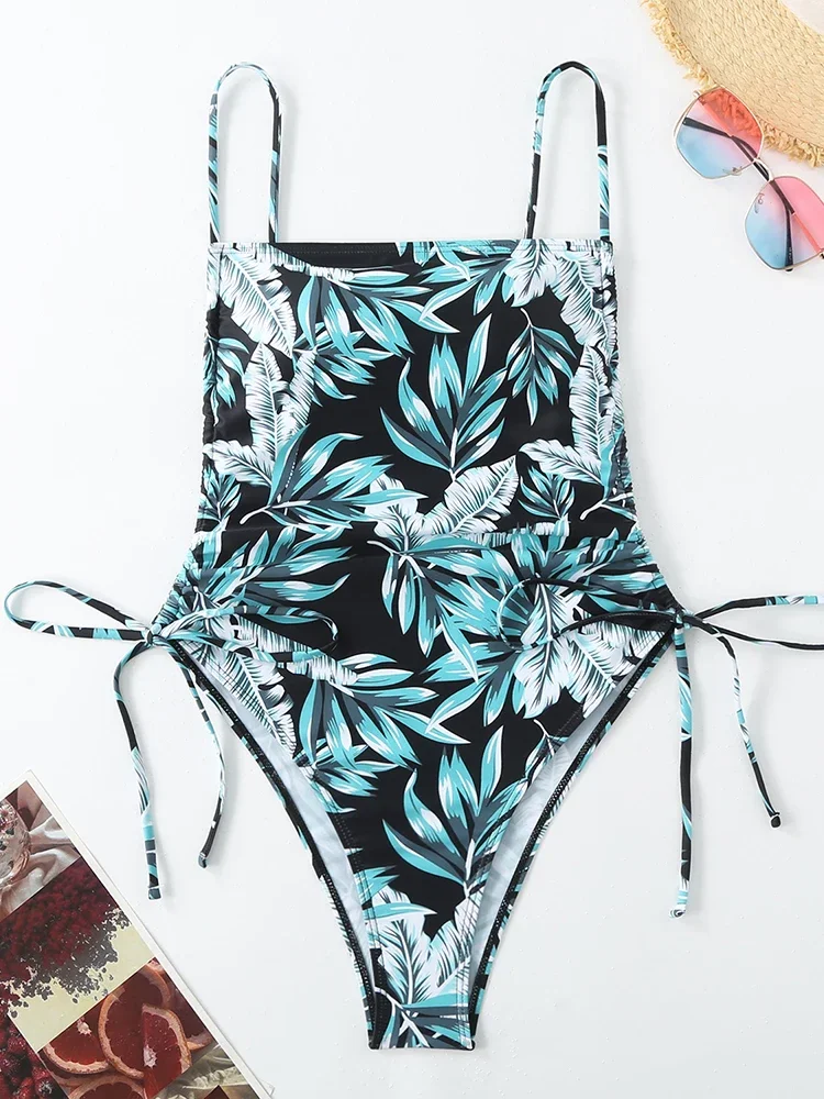 Beach Backless Lace Up Swimwears Bikinis Women 2025 New Summer One Piece Swimwears Sexy High Waist Print One Piece Swimwears