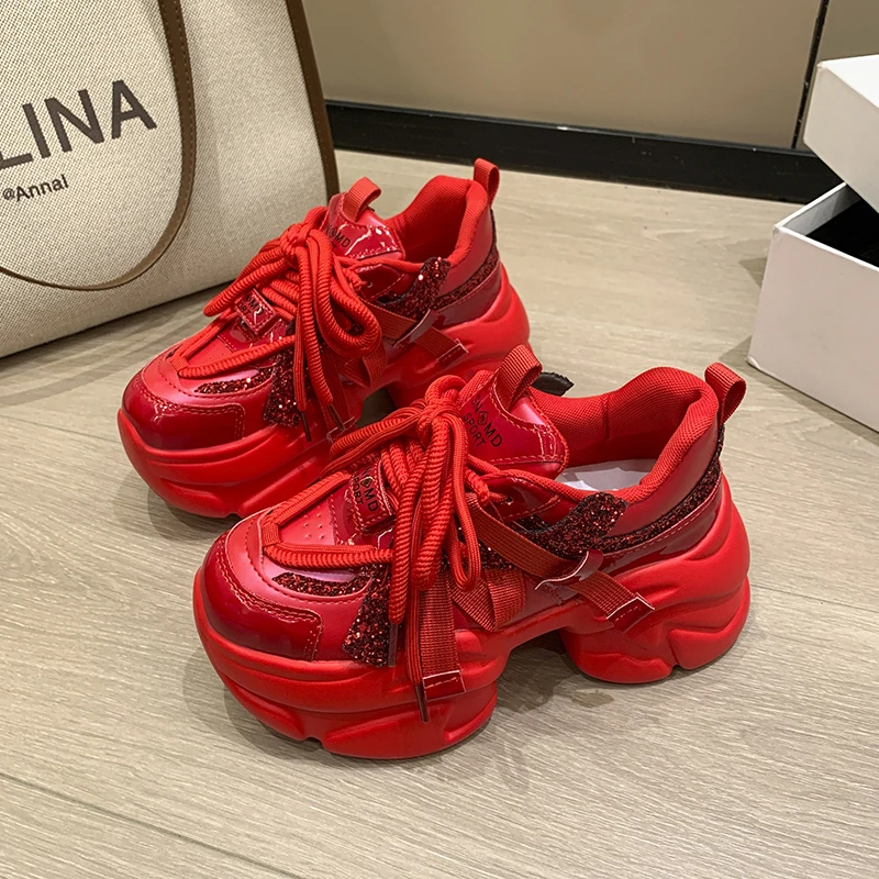 

8CM Thick Heels Microfiber Leather Sneakers Women 2025 Autumn Breathable Vulcanize Chunky Sneakers Casual Sports Dad Shoes