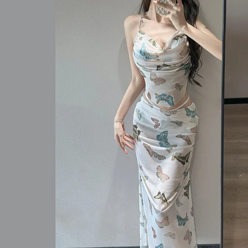 sexy kpop butterfly print swimsuit 3pcs rhinestone halter tie vest with long cover skirt bikinis padded swimwear biquini tankini