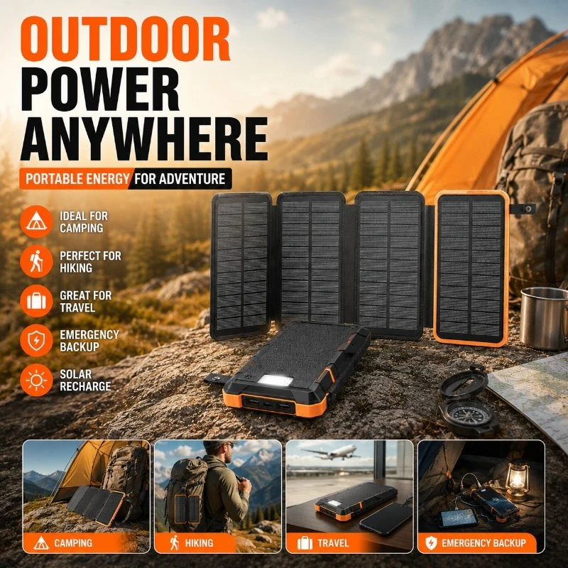 20000mAh Foldable Solar Power Bank LED Light Portable Charger for Camping Hiking Outdoor Emergency Backup Power Solar Power Bank
