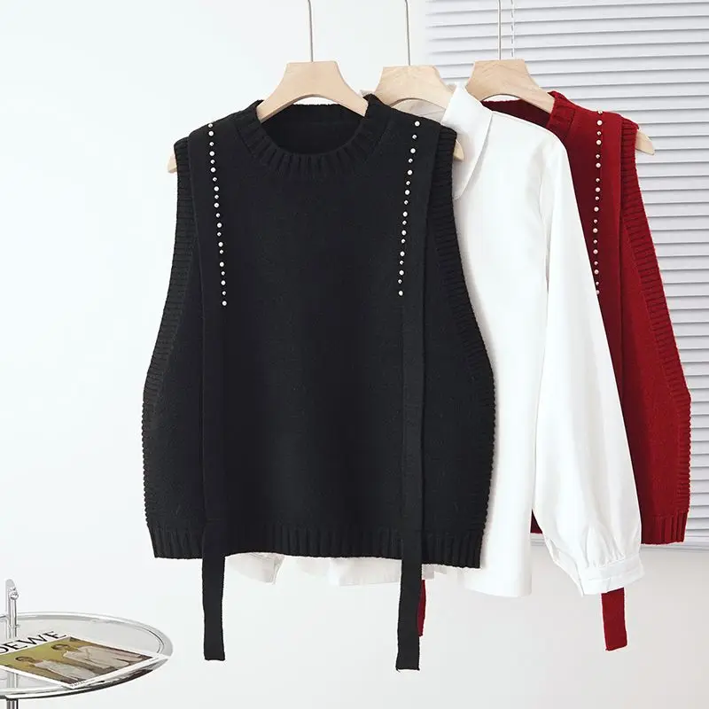 Nailed Beaded Round Neck Pullover Knitted Vest Women's 2023 Autumn New Loose Layered Sweater Vest Winter