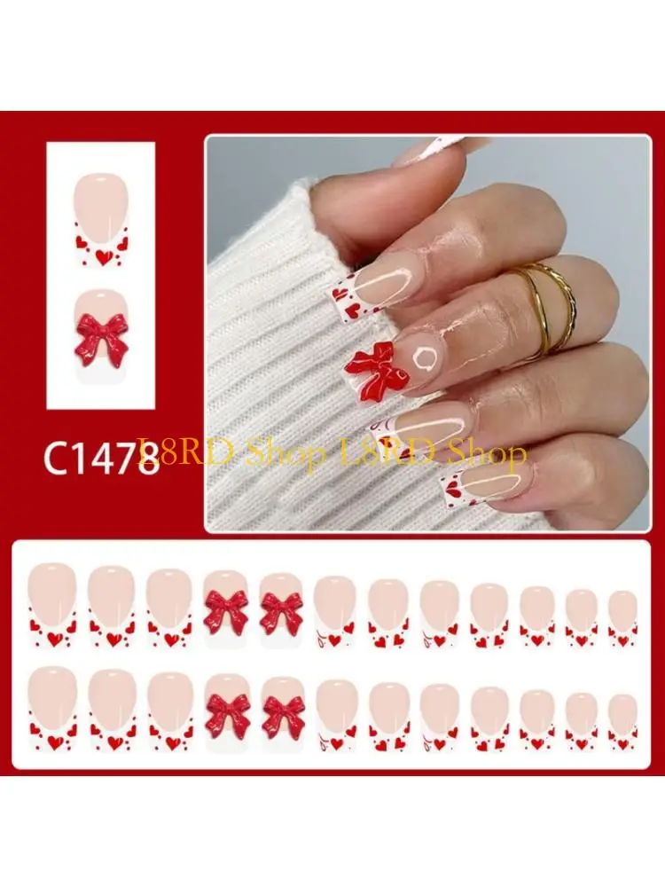L8RD 24Pcs Glossy False With Bows Accent French Valentines White Short Tips