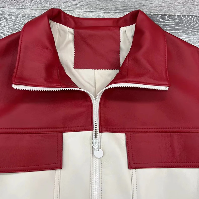 Red and White Double Color Baseball Jacket for Women Autumn New Edition Alive Genuine Leather Sheepskin Short Coat Outerwears