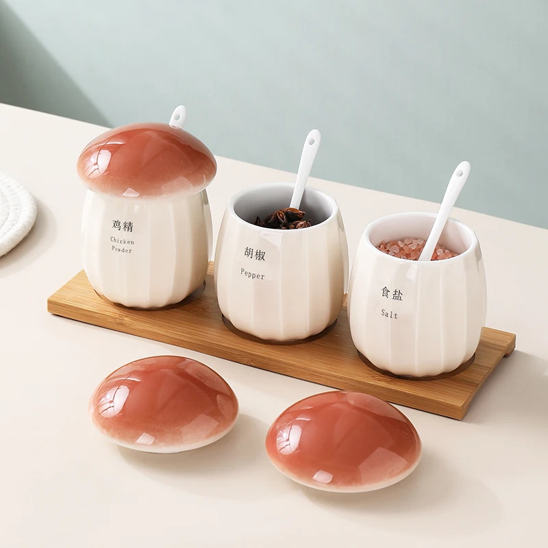 Cute Mushroom Shape Spice Jar Set Ceramic Three-piece Salt Sugar Pepper Storage Box Kitchen Decoration Seasoning Spice Box Combo