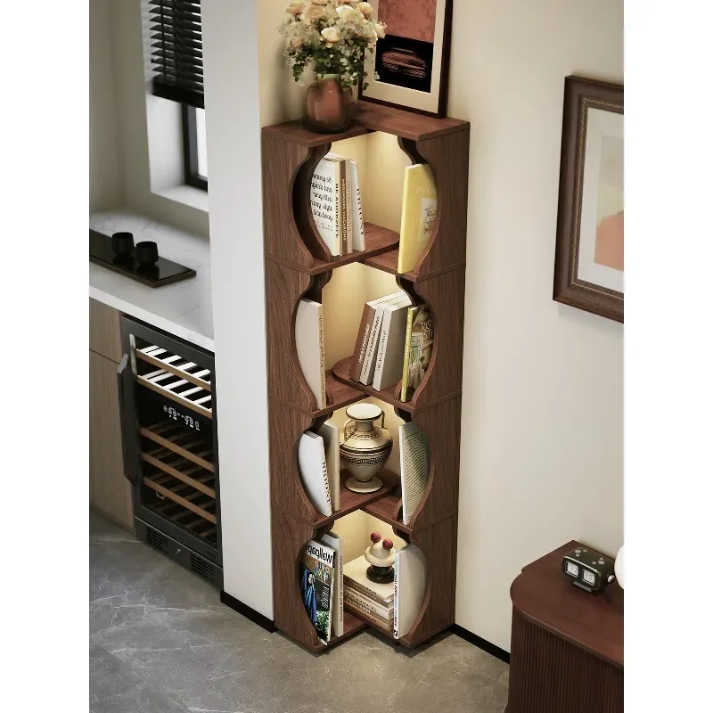 Solid Wood Corner Bookshelf Floor Standing Wall Mounted Integrated Bookcase for Living Room Small Storage Locker Display Rack