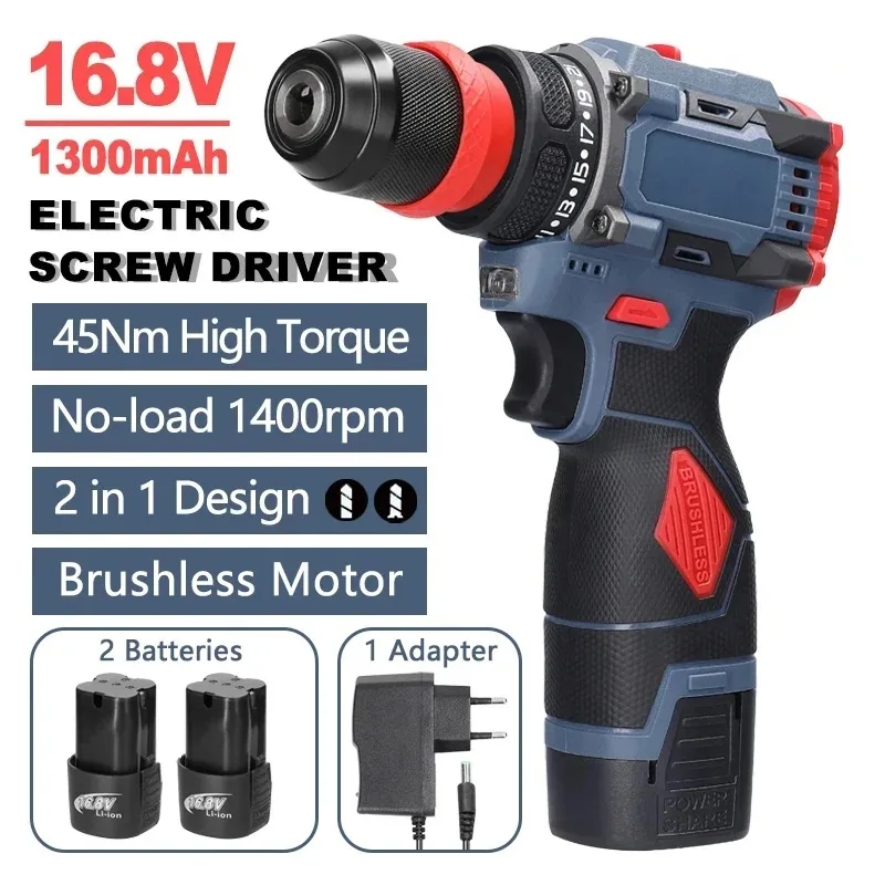 16.8V Brushless Motor 2 in 1 Cordless Driver Drill Electric Screwdriver Battery Screw Driver Torque 45Nm Drills and Screwdriver