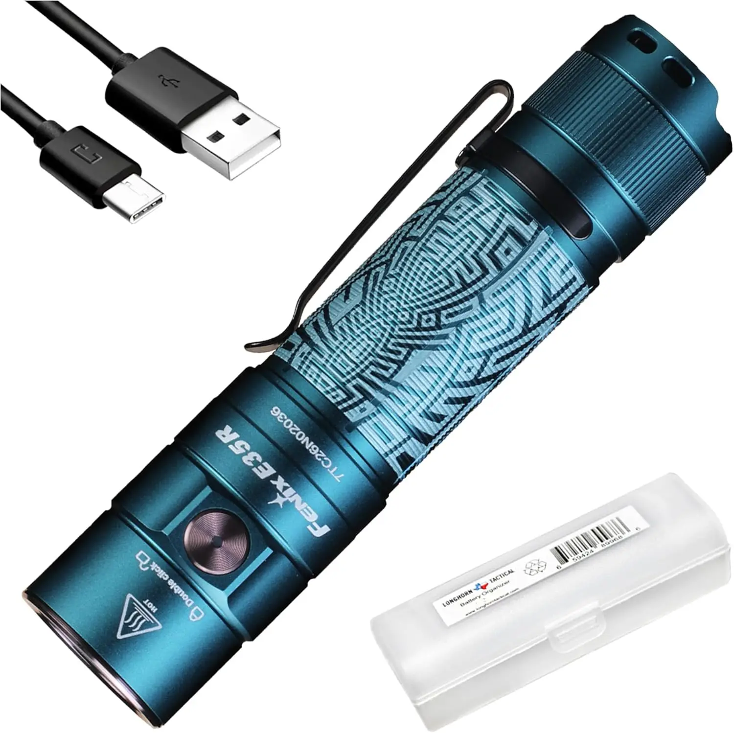 

3100 Lumens USB-C Rechargeable EDC Flashlight, 284 Yards Beam, 4.7 Inches, Navy Blue with Maze Pattern