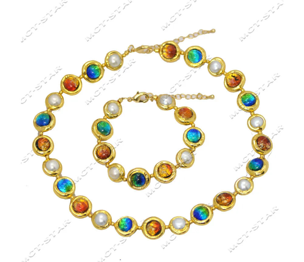 Conjunto de joias MTC·STAR – Contas redondas de vidro antigo amarelo verde branco pérola colar pulseira brinco conjunto (Z13004)