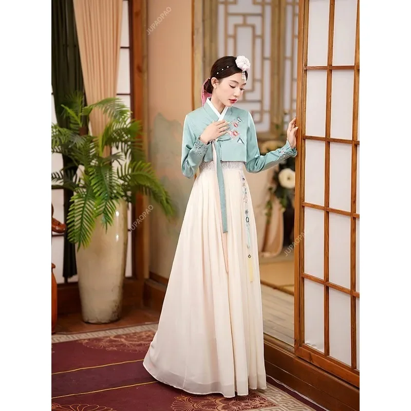 

2024, традиционное корейское винтажное платье ханбок, женская элегантная одежда для народных танцев, танцевальное платье для выступлений на сцене, древний корейский костюм