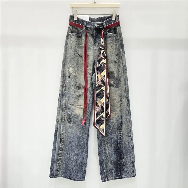 WTHT 트렌디 여성용 올드 타이다이 디자인 스트레이트 진 2025 가을 패션 하이웨이스트 벨트 데님 팬츠 여성 1LS2316