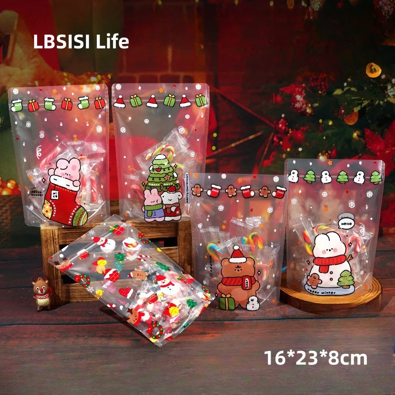 LBSISI Life,50pcs Transparent Christmas Gift Bag,Zipper Bags For Candy Chocolate Cookie Nougat Biscuit,Self Stand Packaging