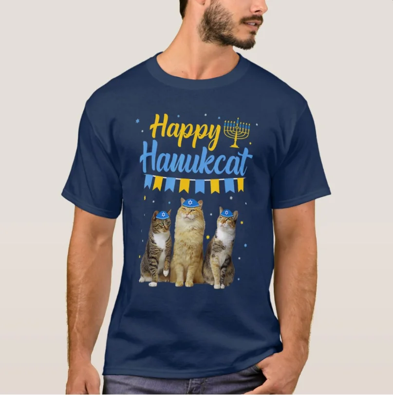 Novelty Jewish Hanukkah Cat Happy Hanukcat T-Shirt 100% Cotton O-Neck Summer Short Sleeve Casual Mens T-shirt Size S-3XL