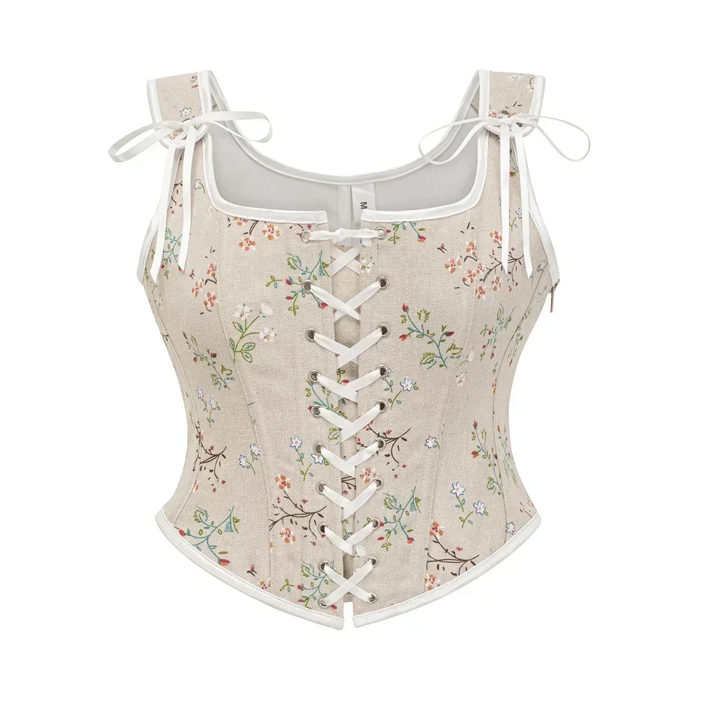 

Vintage Lace-Up Corsets Crop Tops Sexy Women Gothic Beige Floral Print Shoulder Strap Overbust Corset Steampunk Corselet Vest