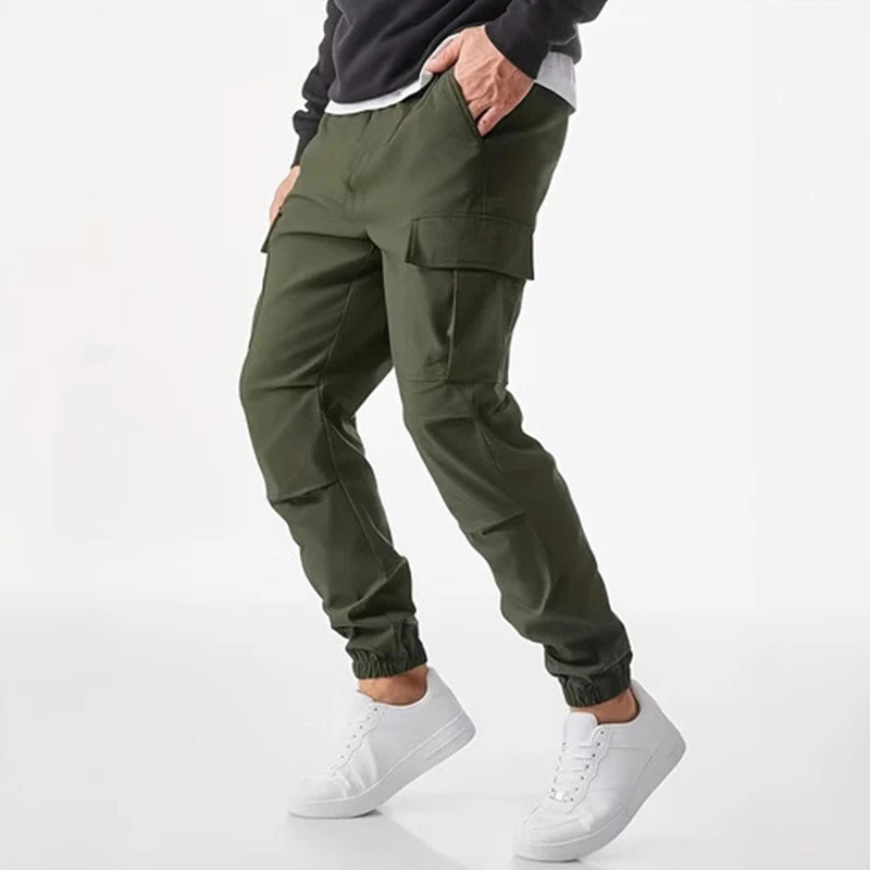 

Мужская повседневная рабочая одежда, однотонные брюки для бега с несколькими карманами до щиколотки, мужские прямые мешковатые спортивные штаны на шнурке