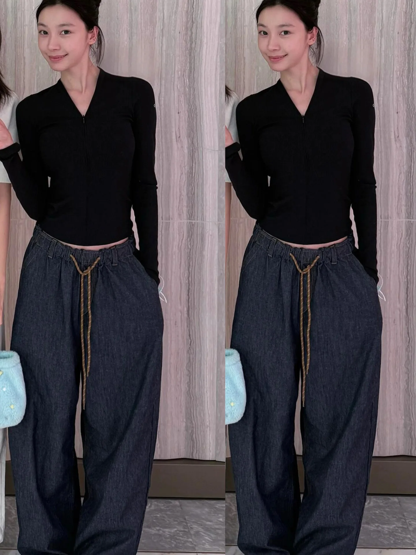 

Casual Wide Leg Straight Jeans Drawstring Natural Waist Denim Pants Comfortable Loose Fit Ladies Jeans Deep Color Autumn Wear