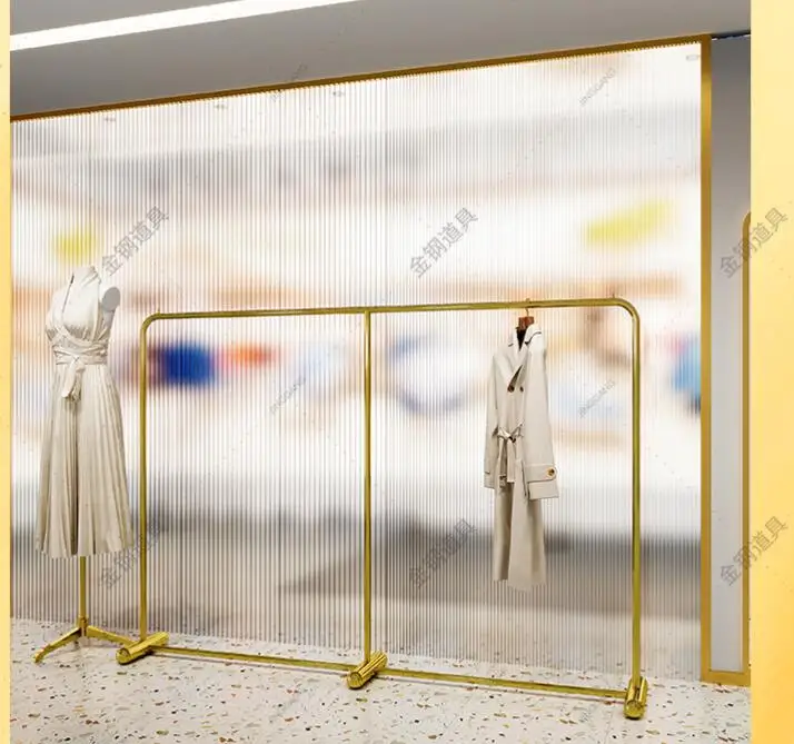 Clothing store display rack floor stainless steel titanium gold hanging clothes rack