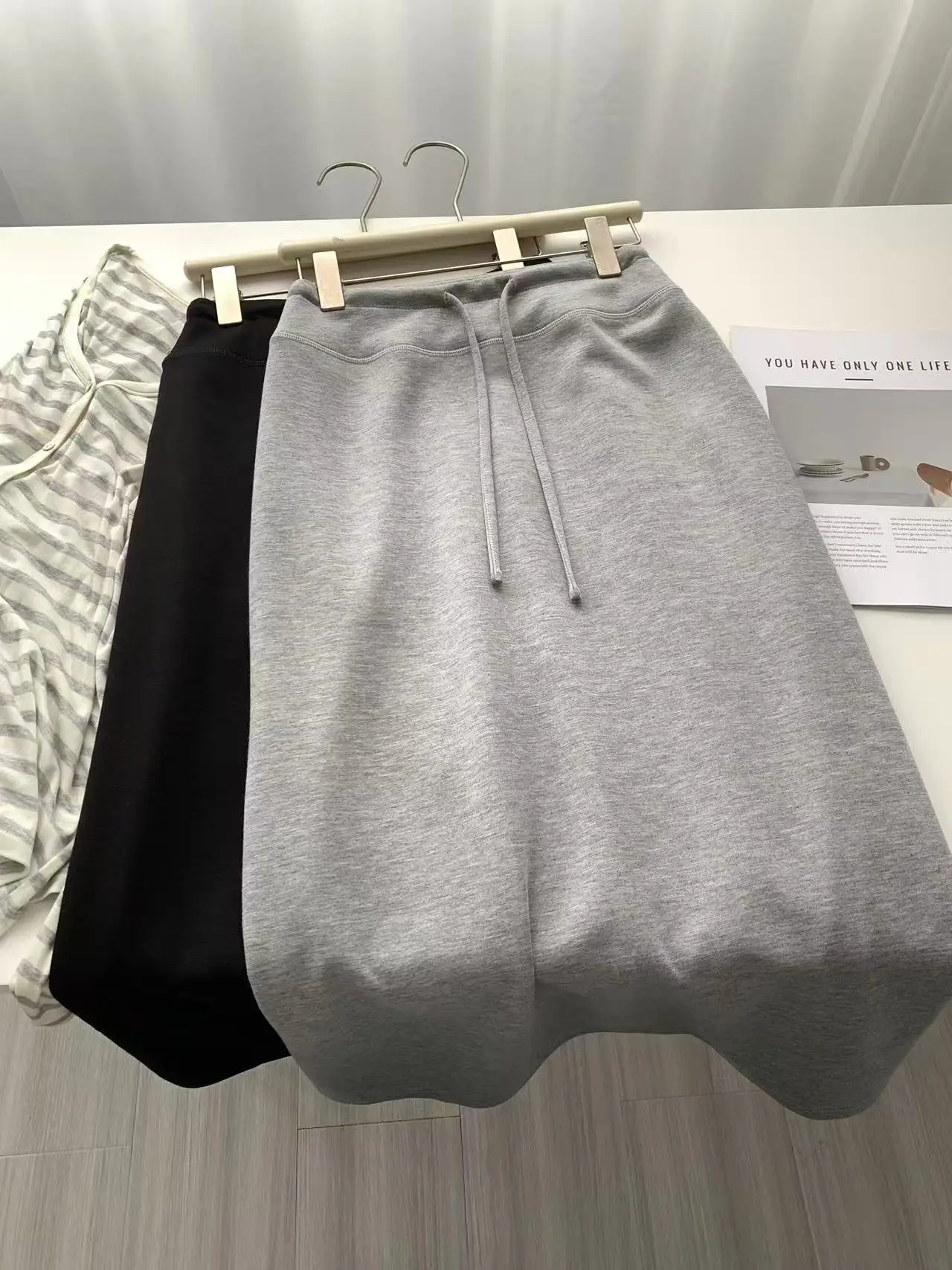 Simple Casual High Waist Women Skirts Korean Style Retro Drawstring Slit Straight Skirt New Temperament Female Mid-Length Skirts