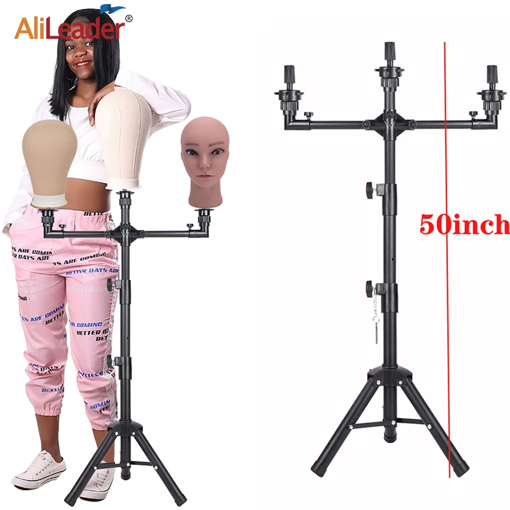 

50Inch Wig Stand With 3-Holders Adjustable Tripod Wig Stand Holder For Mannequin Head Stand For Hairdressing Training Head Stand