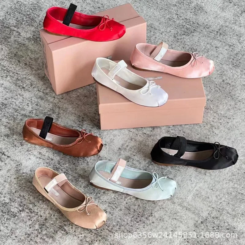 Ballet Flats Women Shoes 43 Mary Jane Shoes Round Toe Women's Shoe Bow Silk Satin Flats Women Shoes Plus Size 33-43 Valentine